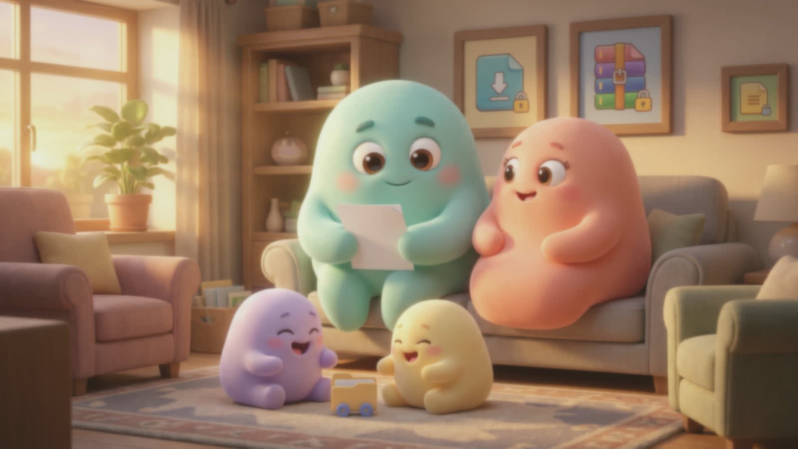 Dull, soft original photo of the Squishly family at home