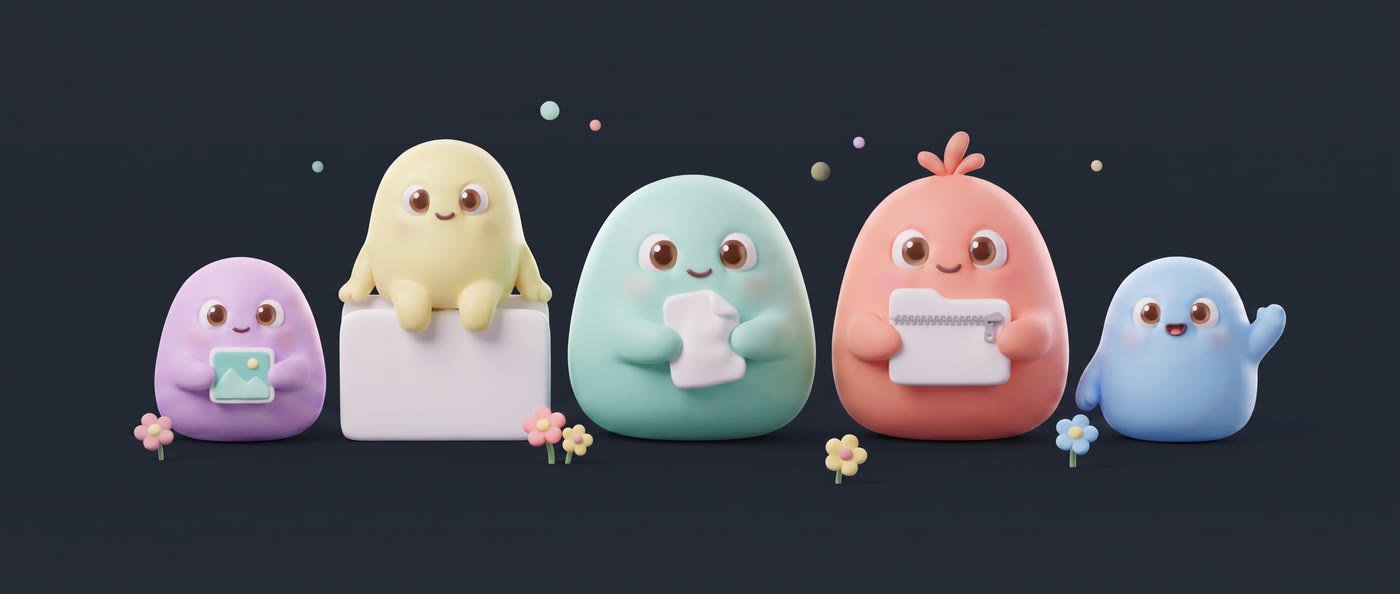 The Squish family: Lilac, Sunny, Squish, Peachy and Bluey