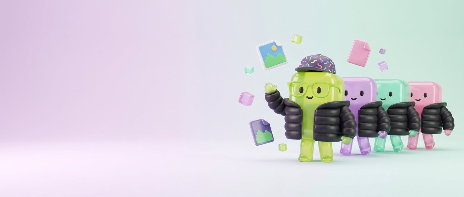Squishly che saluta tra cubi di vetro fluttuanti rosa, menta, blu, viola, corallo e lime