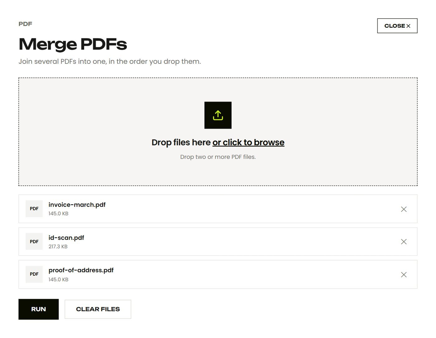 Lo strumento Unisci PDF con tre PDF pronti da unire