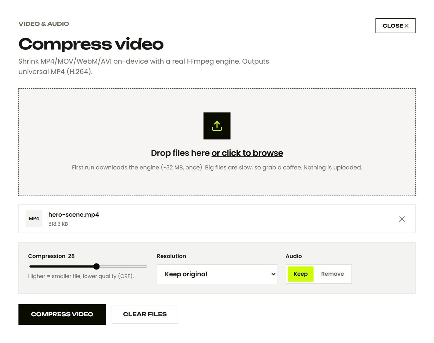 Lo strumento Comprimi video con un filmato caricato e le impostazioni di compressione