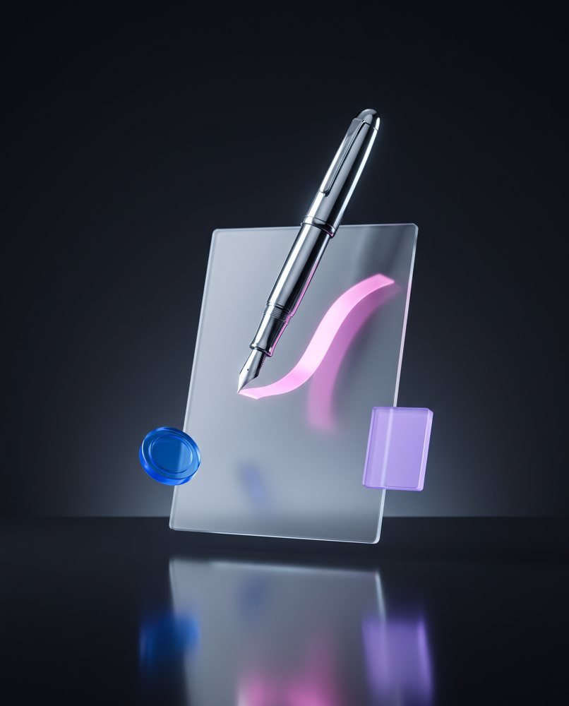 Una penna cromata che firma un documento di vetro con una linea rosa luminosa